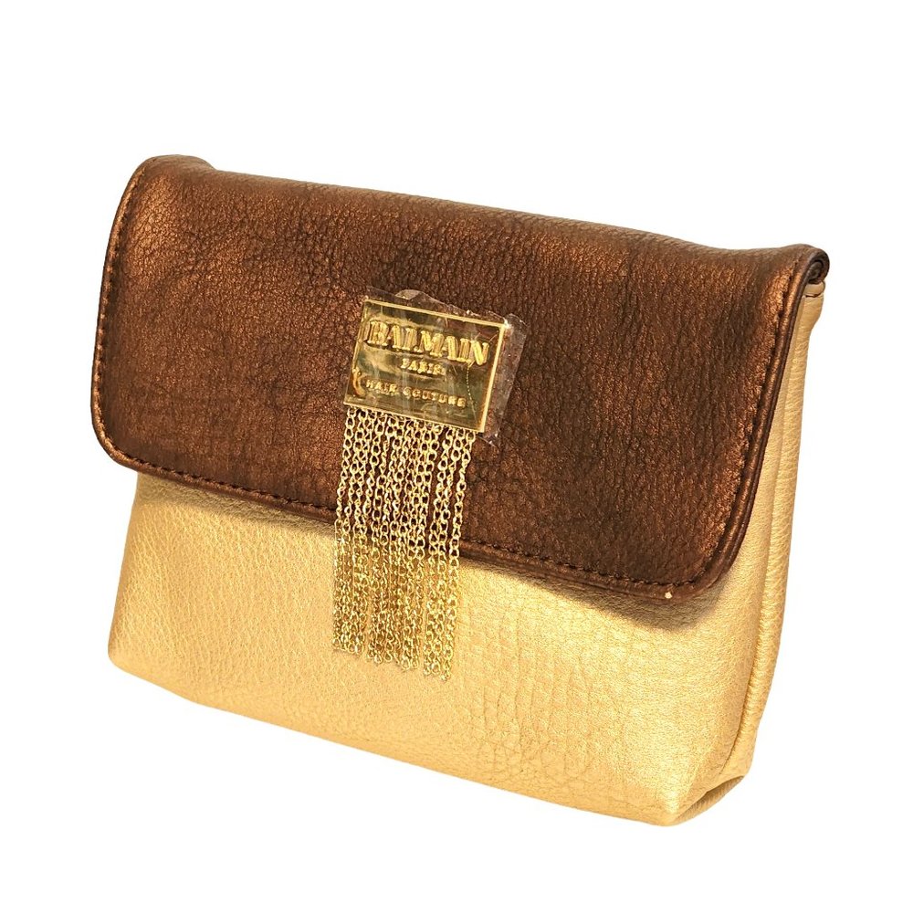 Balmain Hair Couture Faux Leather Bag Clutch Flap Brown‎ Gold Tassels New